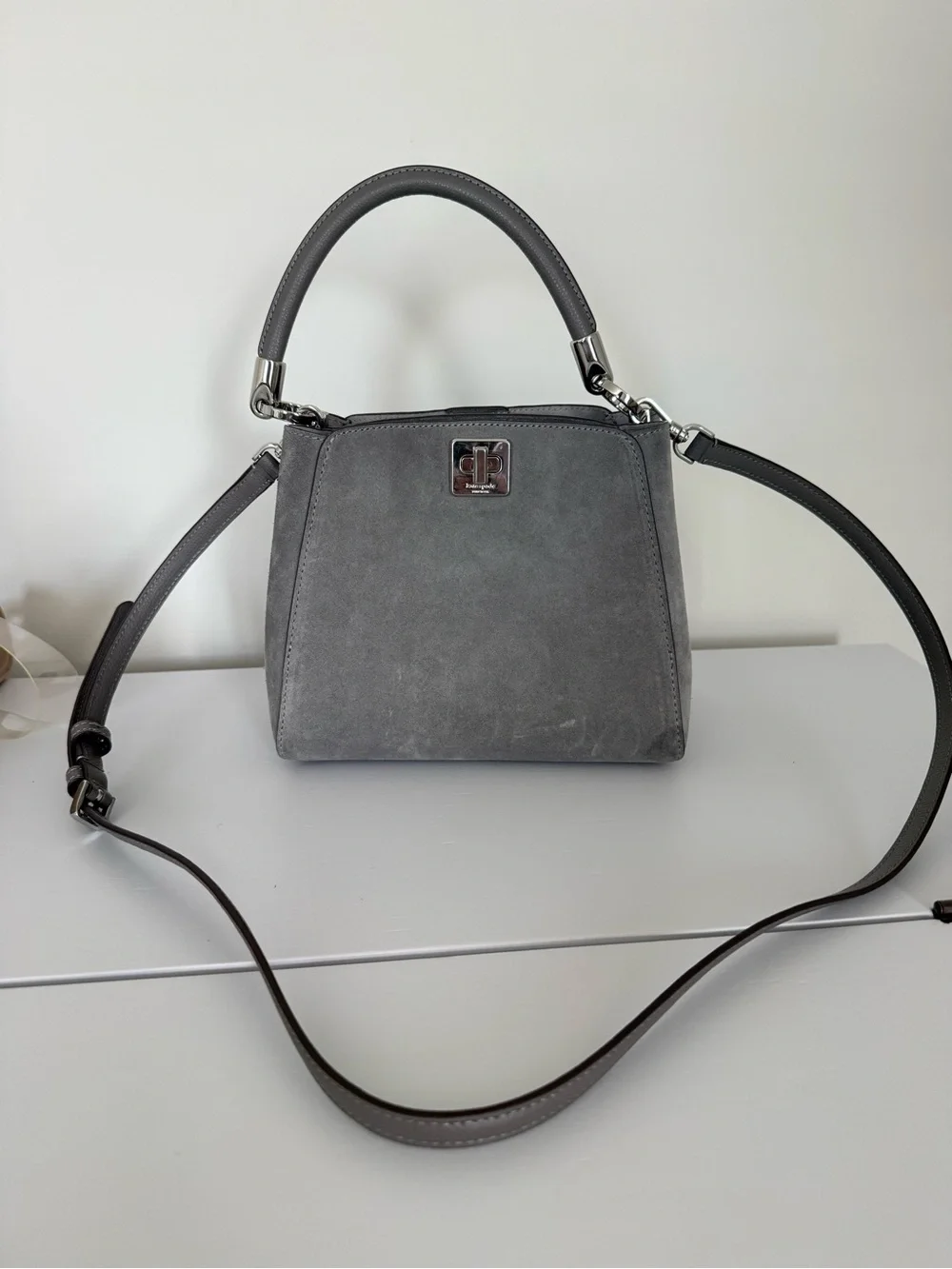 Kate Spade Gray Suede Top Handle Crossbody Satchel + Dust Bag